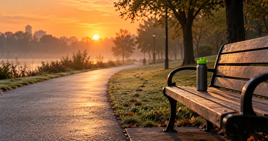 A park path and bench at sunrise, with a water bottle on the bench and a walker far down the path.