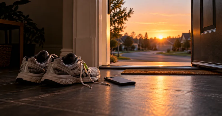 Running shoes by an open front door with a phone placed face-down beside them.