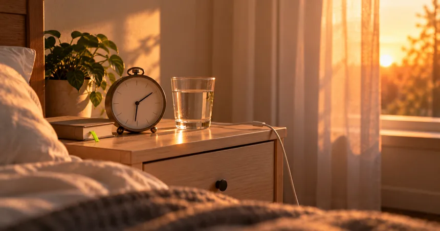 A bedside table at sunrise with an alarm clock, a glass of water and an empty phone charging cable.