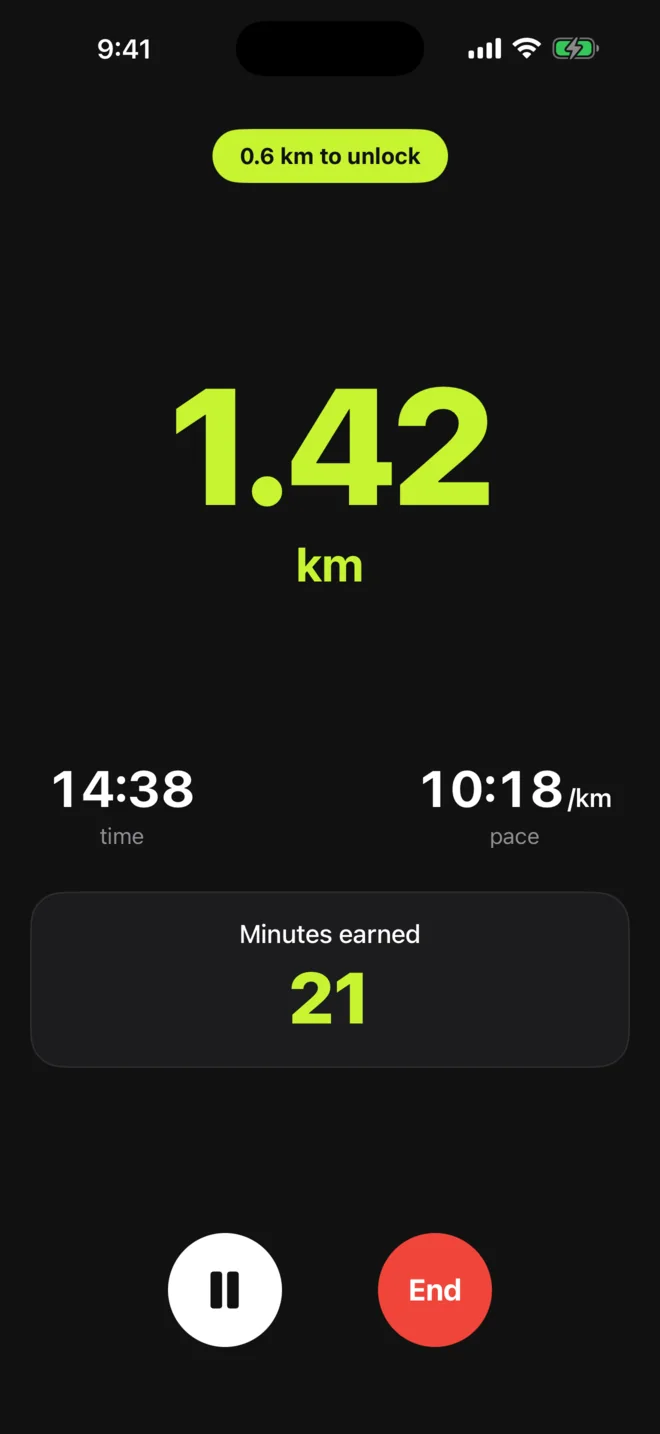 Run screen: 1.42 km, 0.6 km to unlock, 21 minutes earned