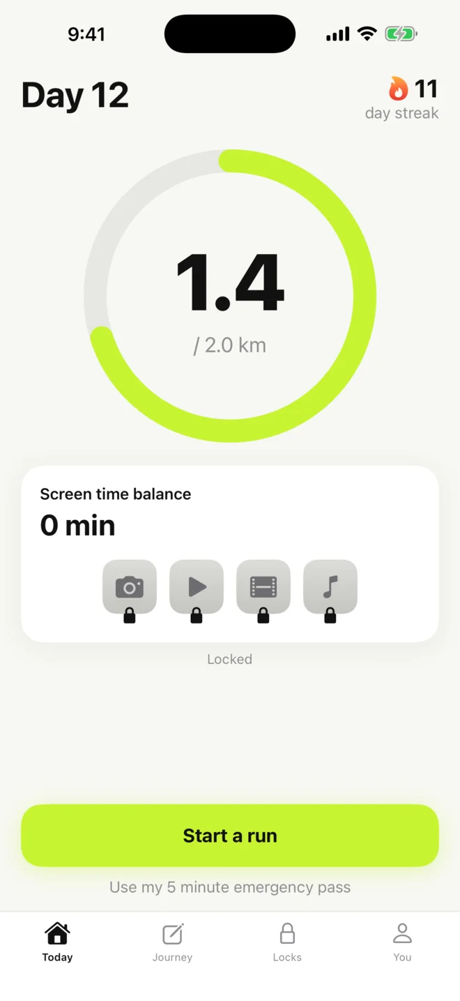 Today: Day 12, 1.4 of 2.0 km, apps locked, Start a run
