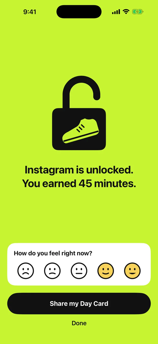 Instagram is unlocked. You earned 45 minutes.